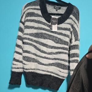 Nicole Miller Black and White Fuzzy Stripe Sweater